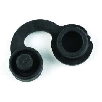 P1354 moisture plug top view showing two black rubber caps joined by a curved tether strap, one solid plug and one hollow cup, Lectrosonics