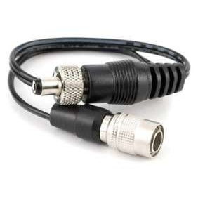 PS200A 15 inch power cable, angled view of both ends with knurled locking DC coaxial plug and silver Hirose connector on black cable, Lectrosonics