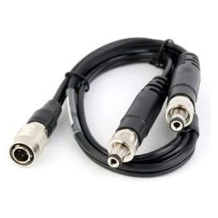 Dual Power Cable 12" Hirose for older receivers, coiled product shot showing the Hirose connector on one end splitting into two locking barrel power plugs, Lectrosonics