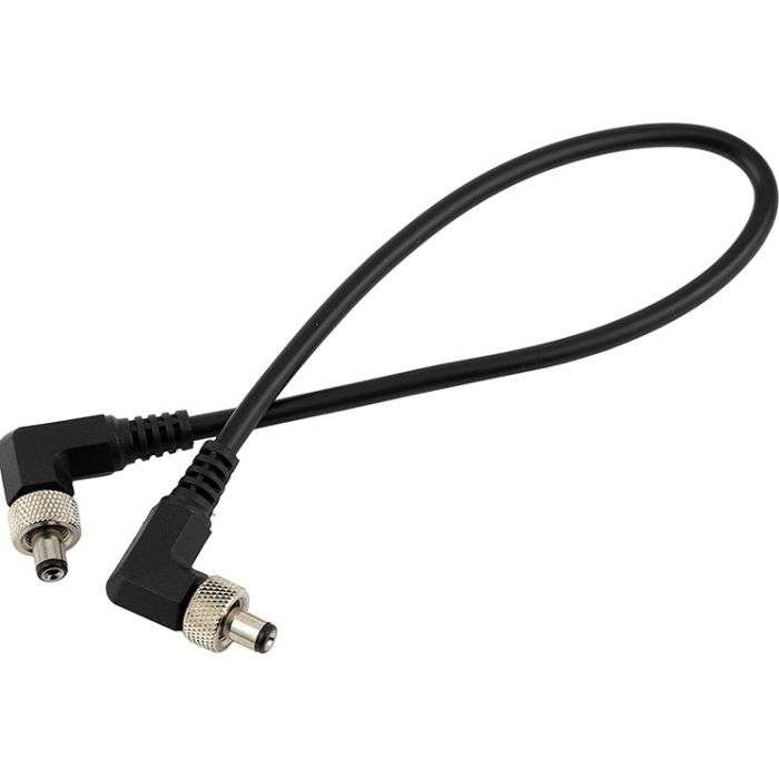LZR to LZR 12 inch DC power cable overall view with right-angle locking barrel connectors and knurled threaded collars on both ends, Lectrosonics