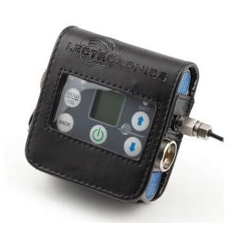 PSMDWB sewn leather pouch front view with clear window showing transmitter display, buttons and antenna connector, embossed Lectrosonics logo, Lectrosonics
