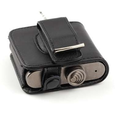 PSMDWB sewn leather pouch rear view with belt clip loop and snap closure, metal transmitter end with threaded connector exposed, Lectrosonics