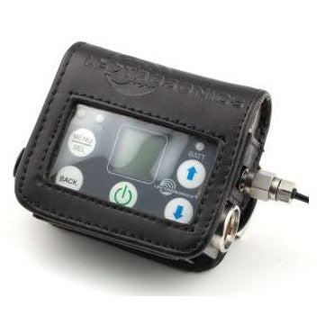SMWB leather belt pouch front view with clear window showing transmitter menu, back and power buttons and LCD screen, Lectrosonics