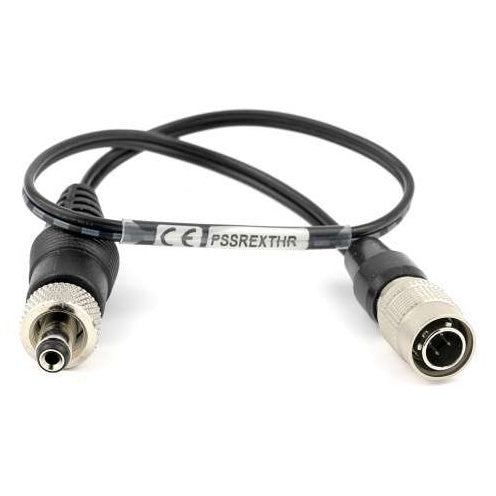 PSSREXTHR 12 inch power cable full view showing Hirose 4-pin connector and locking coaxial barrel connector with CE and part number label, Lectrosonics