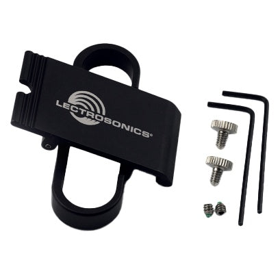 Spring-loaded belt clip for dual-battery transmitters, front view with Lectrosonics logo, shown with two knurled thumbscrews, two small set screws and two black hex keys, Lectrosonics
