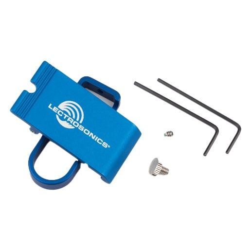 Belt Clip for SMWB and DBSM transmitters, spring loaded antenna-down version, shown with two hex keys, a set screw and a knurled thumb screw beside the blue anodized clip with Lectrosonics logo, Lectrosonics