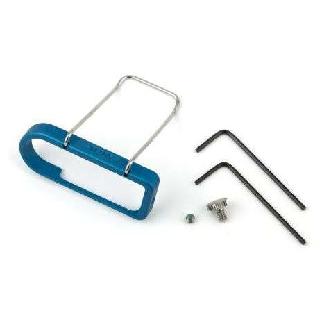 SMWB DBSM belt clip, wire antenna-up version, shown with blue frame, stainless wire loop, two hex keys, thumb screw and set screw, Lectrosonics