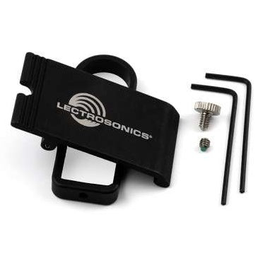 SMWB spring-loaded belt clip, antenna up, black clip with Lectrosonics logo shown with two hex keys, thumbscrew and set screw, Lectrosonics