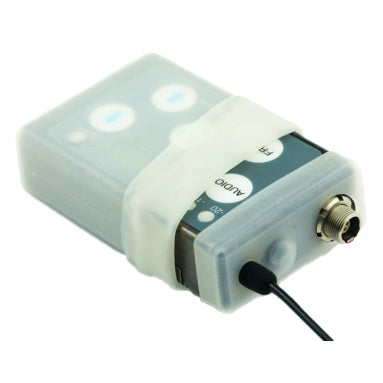 SSMCVR silicone cover fitted on SSM transmitter, angled view with translucent sleeve, retaining band and connector cutout with cable attached, Lectrosonics