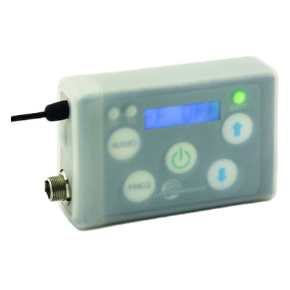 SSMCVR silicone cover on SSM transmitter, front view showing button cutouts for Audio, Freq, power and arrow keys, LCD window and battery LED, Lectrosonics