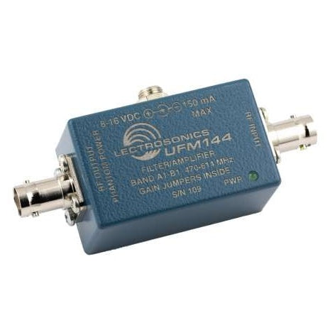 UFM144-A1B1 UHF wideband RF filter amplifier top angled view showing blue enclosure with BNC RF input and output connectors, DC power jack and green PWR LED, Lectrosonics