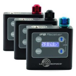 IFBR1B UHF belt-pack IFB receivers, front view of three staggered units with red, black and blue knurled top controls and the front unit's LCD showing 531.475 above FREQ and PRESET buttons, Lectrosonics