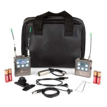 L-Series Kit digital hybrid wireless system laid out with black carry case, two body-pack units with green antennas, AA batteries, lavalier mic, cables and mounting accessories, Lectrosonics