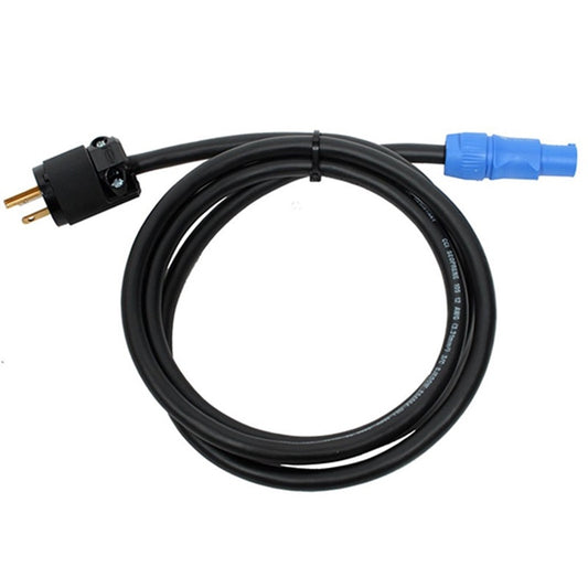 ProCo Sound 15A power cable coiled, blue PowerCon connector on one end and Edison plug on the other