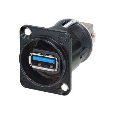 Neutrik NAUSB3-B feed-through panel adapter with blue USB 3.0 Type-A port in black D-shape housing