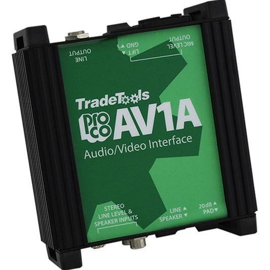 ProCo Sound AV1A audio/video interface DI box in angled view showing green top panel labeling
