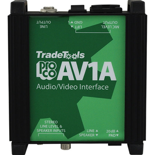 ProCo Sound AV1A DI box top-down view with input, output, and pad switch markings on green panel