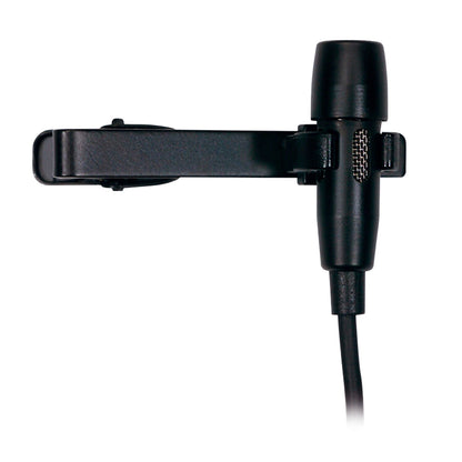 CK99 L cardioid clip-on lavalier microphone side view with black tie clip mount, side-address mesh grille and attached cable, AKG
