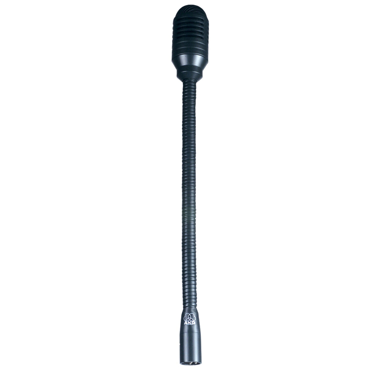 DGN99 E paging gooseneck mic full front view showing all-metal black body, slotted capsule head and male XLR connector base, AKG