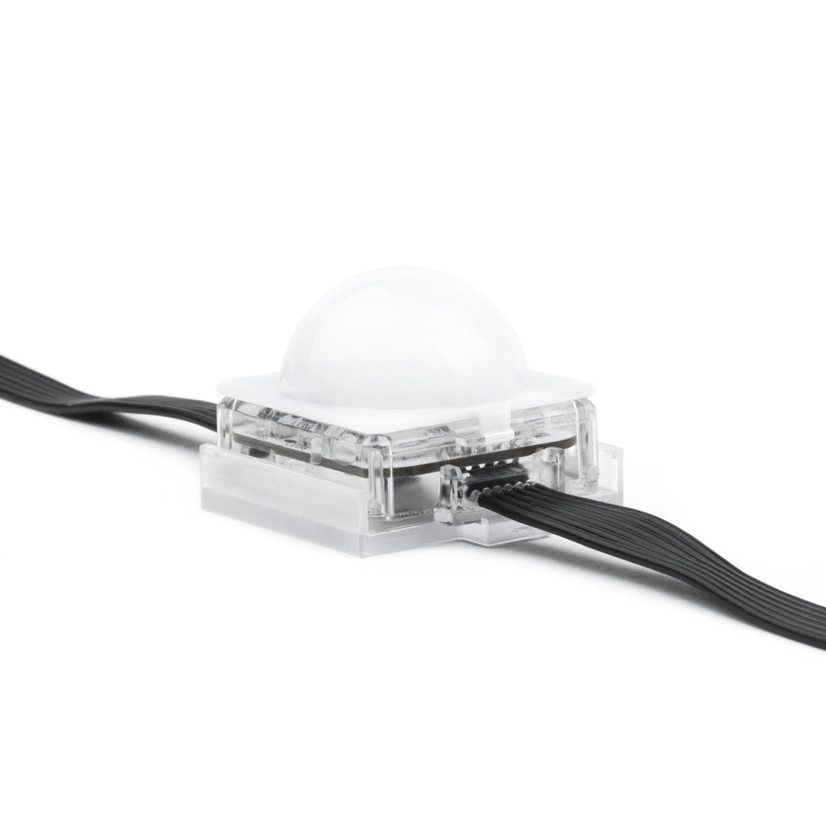 VC-Dot 9 diffuser dome installed on clear clip-mounted pixel module, side angle showing frosted polycarbonate cap, Martin Lighting