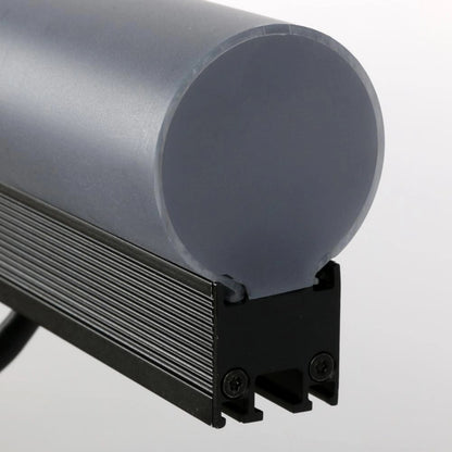 VDO Sceptron 320mm smoked tube diffuser end detail showing frosted cylindrical lens seated on ribbed black extrusion with Torx end-cap screws, Martin Lighting
