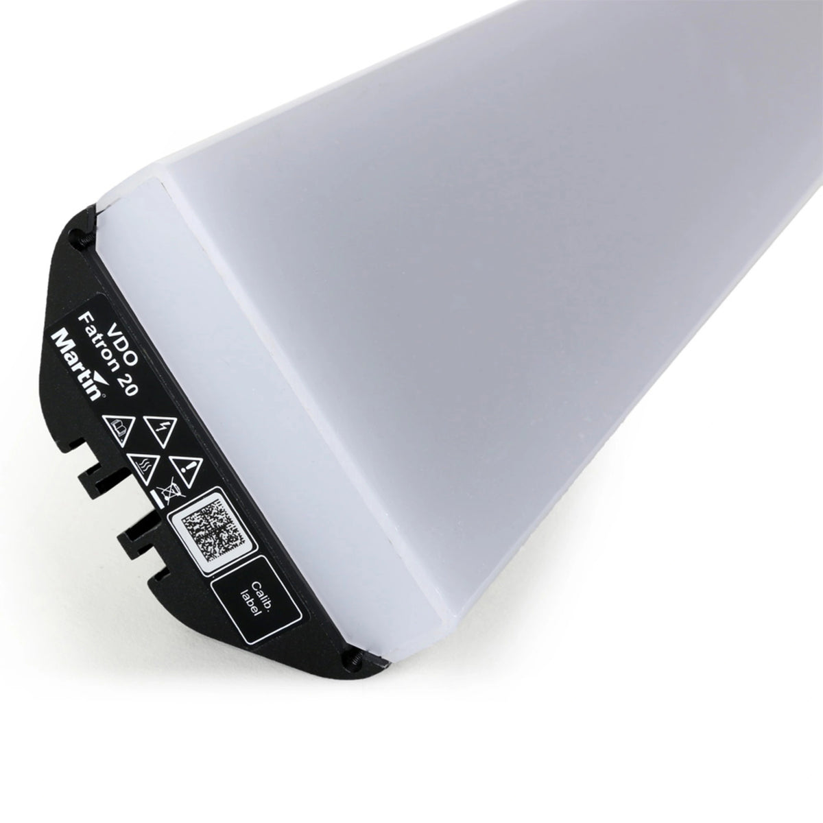 VDO Fatron diffuser end detail with black endcap, safety icons, QR code and calibration label beside the frosted optic, Martin Lighting
