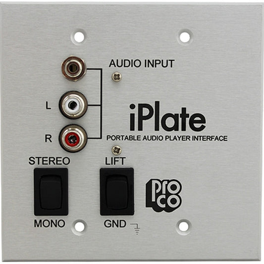ProCo Sound iPlate wall plate front with 1/8" audio input, RCA L and R jacks, stereo/mono and ground lift switches
