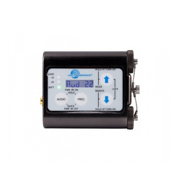 WM Digital Hybrid belt-pack transmitter front view showing LCD reading Aud 22, AUDIO and FREQ buttons, up/down arrow keys and LED indicators, Lectrosonics