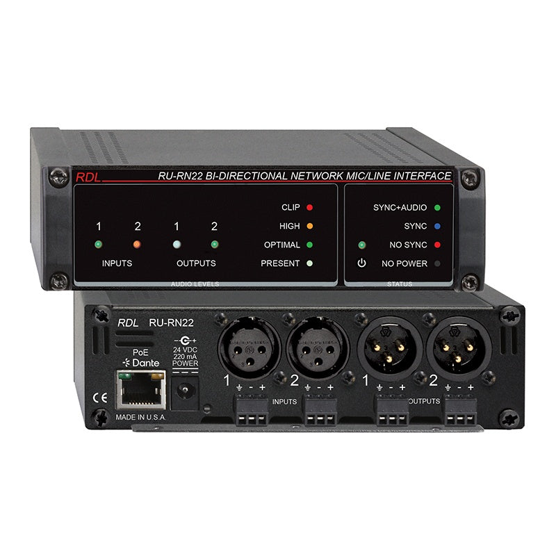 RU-RN22 front and rear panels with status LEDs, PoE Dante port, 2 XLR inputs, 2 XLR outputs and 24 VDC jack