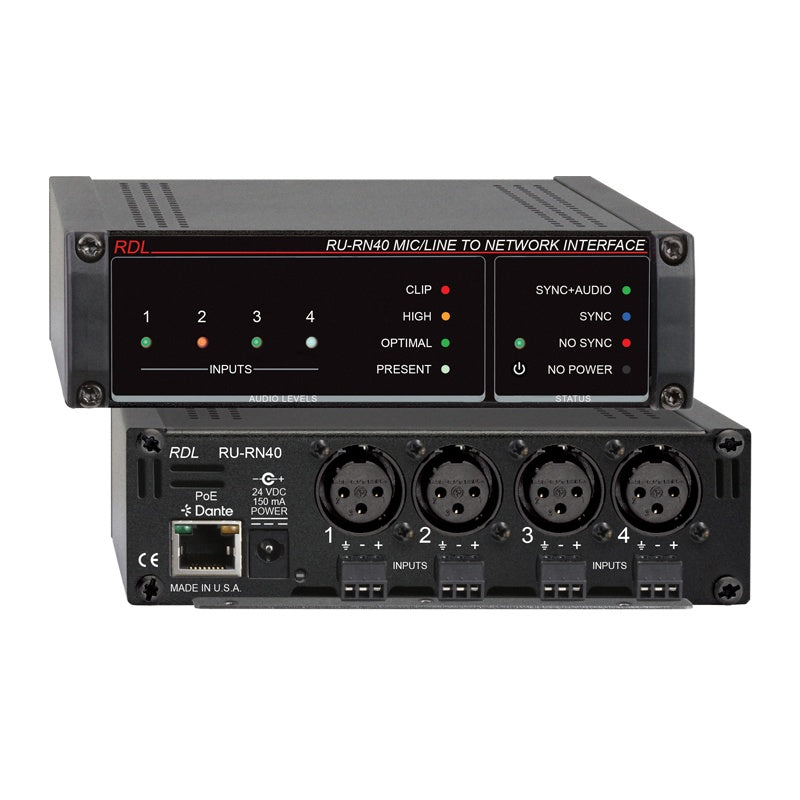 RU-RN40 front and rear views with input level and sync LEDs, four XLR inputs, Dante PoE port, and 24 VDC jack