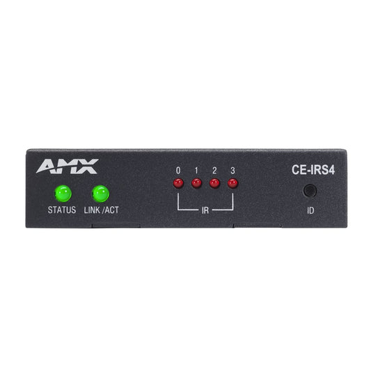 AMX CE-IRS4 control extender front panel with Status, Link/Act and four IR indicator LEDs plus ID button