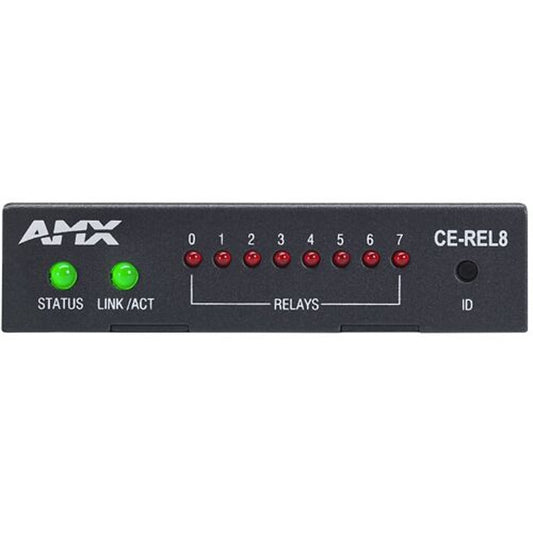 AMX CE-REL8 control extender front panel with status, link/act LEDs and numbered relay indicators