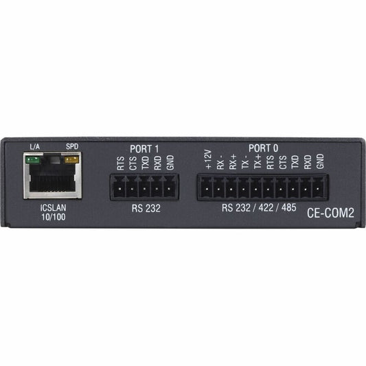 AMX CE-COM2 rear panel with ICSLAN 10/100 RJ-45 and Port 1 and Port 0 serial terminal blocks