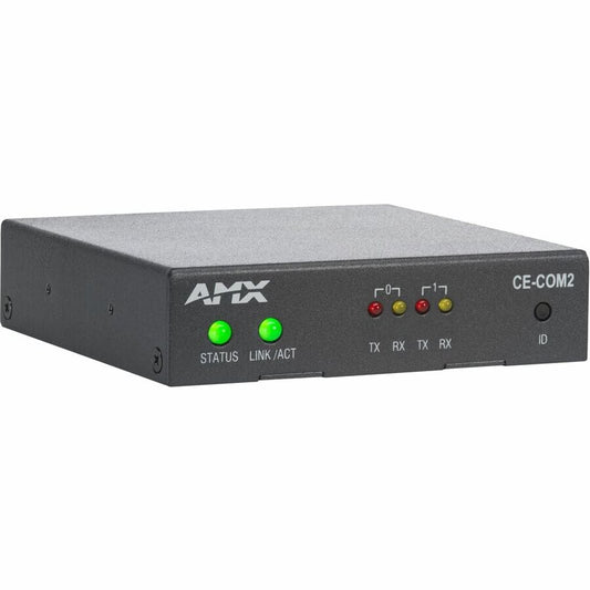 AMX CE-COM2 control extender angled view showing black chassis and lit STATUS and LINK/ACT indicators