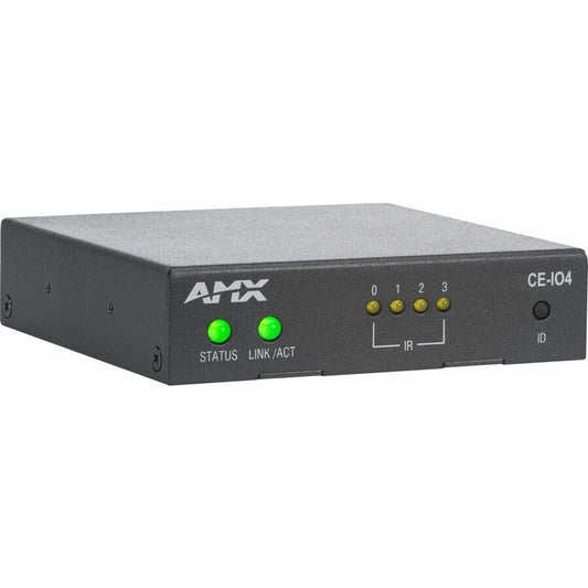 AMX CE-IO4 control extender angled view showing STATUS, LINK/ACT and IR LEDs plus ID button