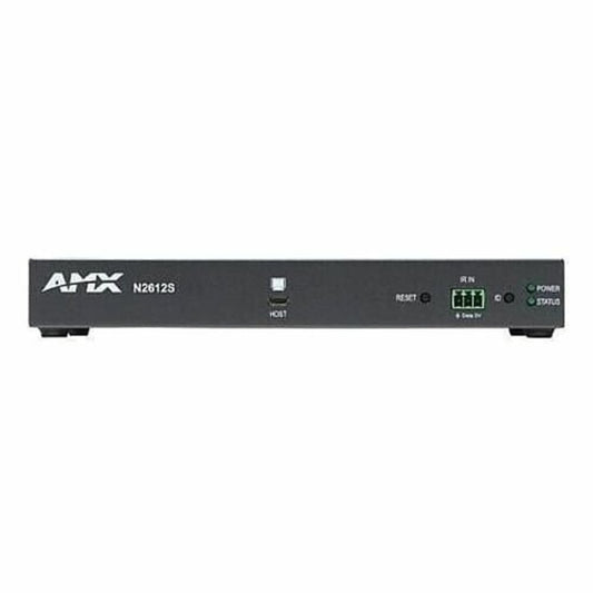 AMX N2612S encoder front panel with HOST port, RESET button, IR IN terminal block, and power and status LEDs