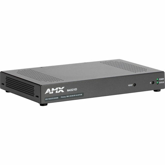 AMX N4321D Dante audio transceiver angled front view with reset button and power and status LEDs