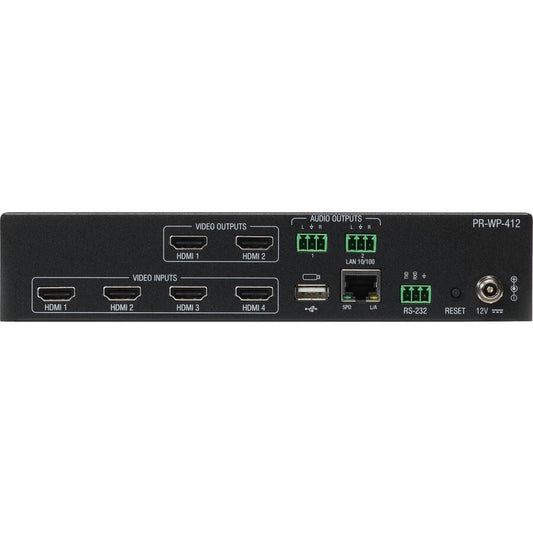 AMX PR-WP-412 rear panel with four HDMI inputs, two HDMI outputs, audio terminals, LAN, RS-232 and USB