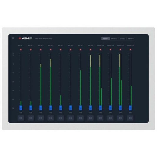 Ashly AquaTouch7 touch panel remote front view with white bezel showing mixer fader page on screen