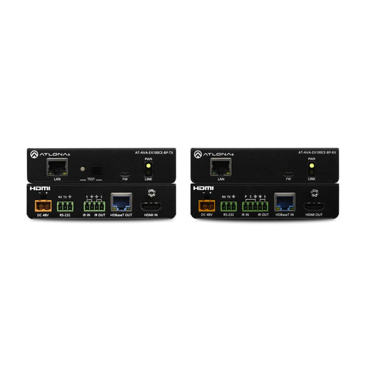 Atlona AT-AVA-EX100CE-BP-KIT transmitter and receiver units with HDMI, HDBaseT, RS-232 and IR ports
