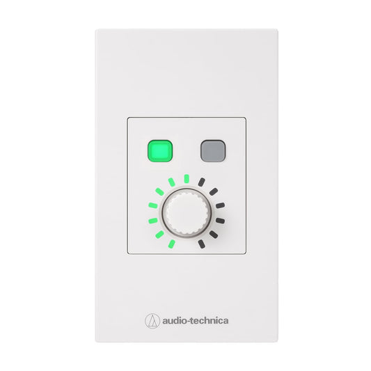 Audio-Technica ATCP-W02R white wall control panel front view with volume knob, LED ring, and two switches