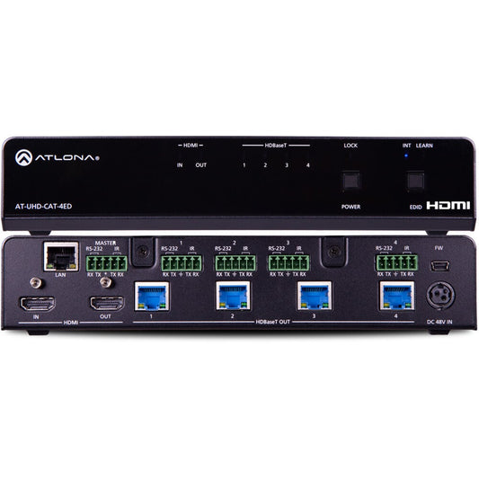 Atlona AT-HDR-CAT-4ED HDBaseT distribution amplifier front panel with status LEDs above rear connector panel