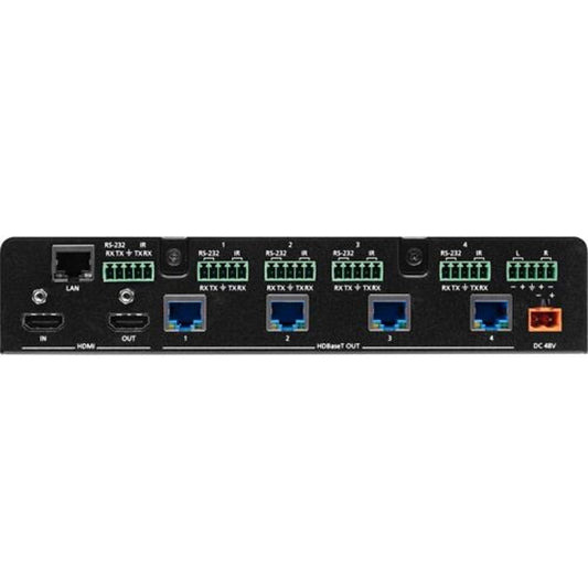 Atlona AT-HDR-CAT-4ED rear panel showing HDMI in and out, four HDBaseT outputs, RS-232 and IR terminals