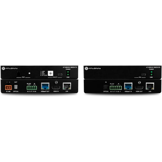 Atlona AT-HDR-EX-100CEA-KIT transmitter and receiver front and rear panels with HDMI, HDBaseT, RS-232 and LAN