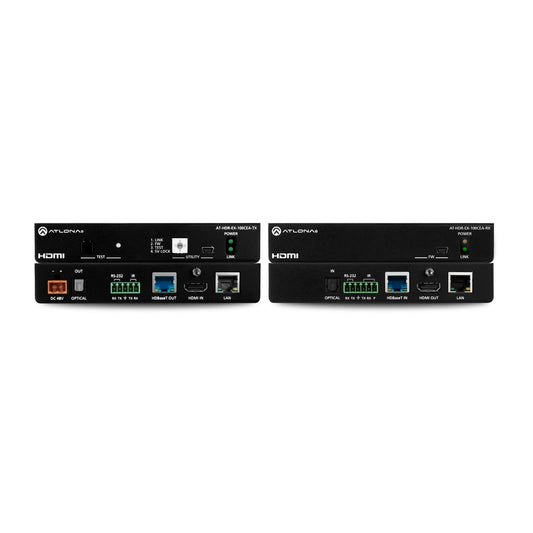 Atlona AT-HDR-EX-100CEA-RX HDBaseT receiver and TX unit, front and rear panels with HDMI, LAN, RS-232