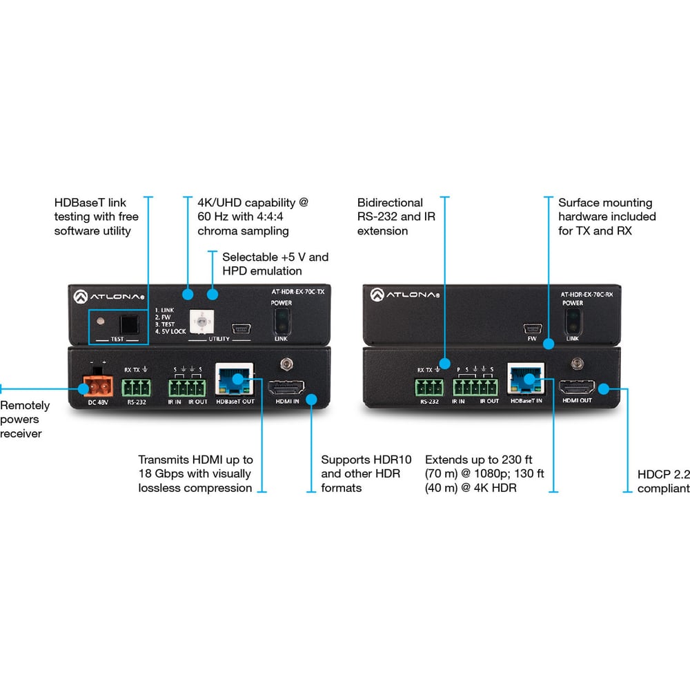 ATLONA AT-HDR-EX-70C-KIT 4K Hdr Transmitter And Receiver Set W/Ir, Rs-232, And Poe