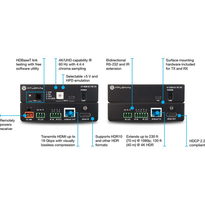 ATLONA AT-HDR-EX-70C-KIT 4K Hdr Transmitter And Receiver Set W/Ir, Rs-232, And Poe