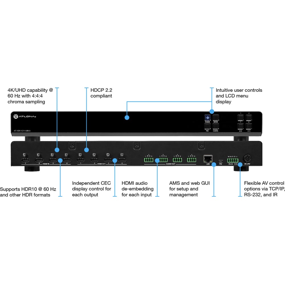 ATLONA AT-HDR-H2H-44MA 4K/Uhd Hdr 4×4 Hdmi Matrix Switcher