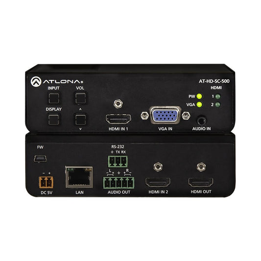 Atlona AT-HD-SC-500 scaler front and rear panels with HDMI, VGA, LAN, RS-232 and audio connections