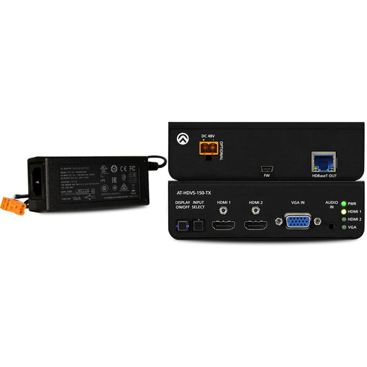 Atlona AT-HDVS-150-TX switcher front and rear panels with HDMI, VGA, HDBaseT out and power supply